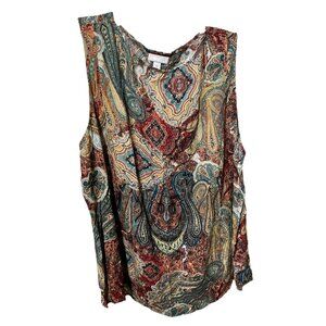 J. Jill White Red Green Yellow Paisley Pattern‎ Sleeveless Crew Neck Shell